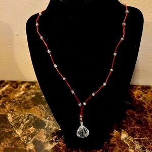 handmade Red beaded Necklace with faux crystal pendant